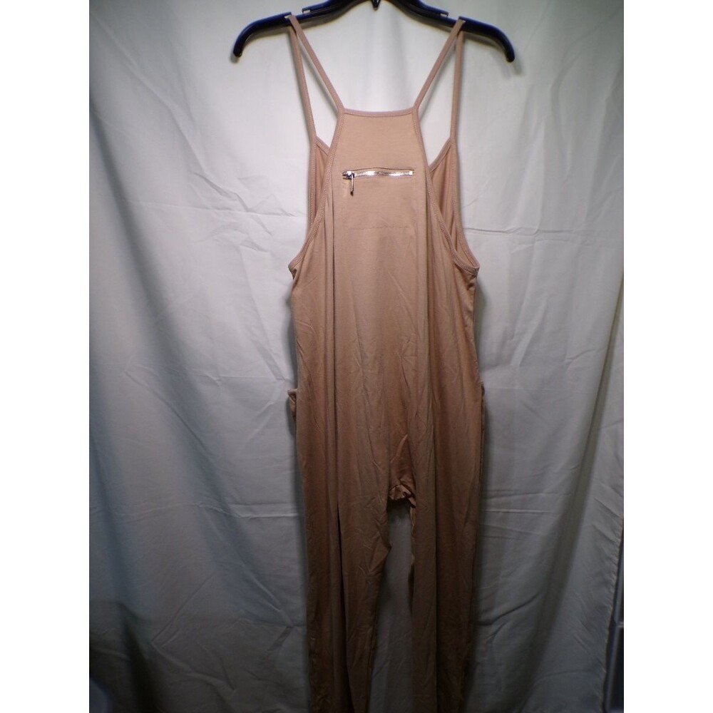 Women's Medium Tan Harem Jumpsuit Sleeveless Spaghetti Strap Zip Pocket